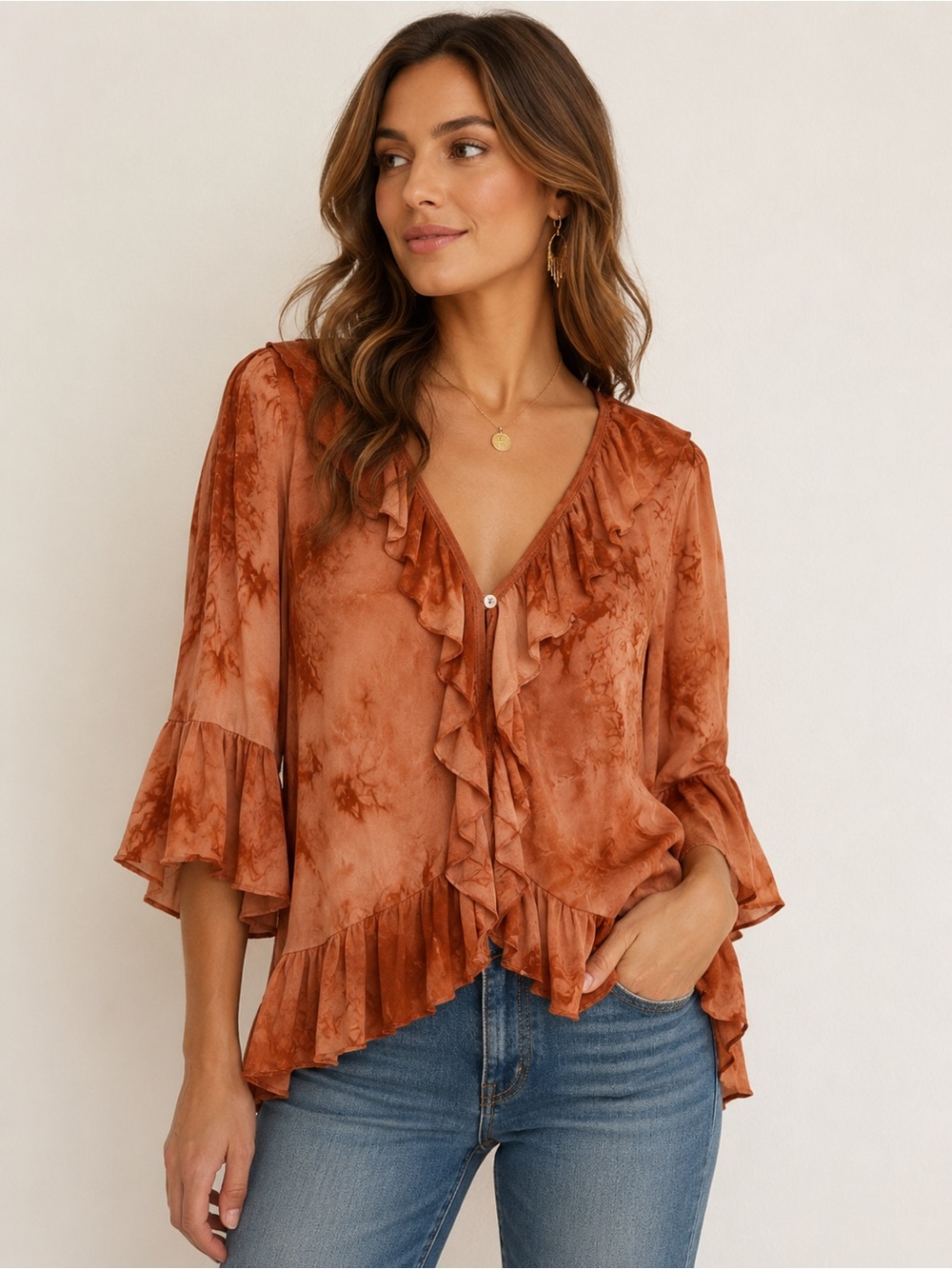 Creneau Womens Medium Rust Ruffle Blouse Tie Dye Boho Bell Sleeve Top